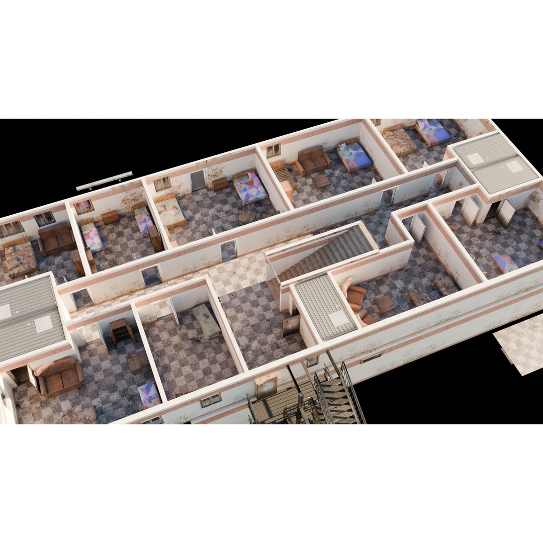 Old Neglected Hotel 3D Model – Low Poly Architectural Asset, FBX, Blender - View 6