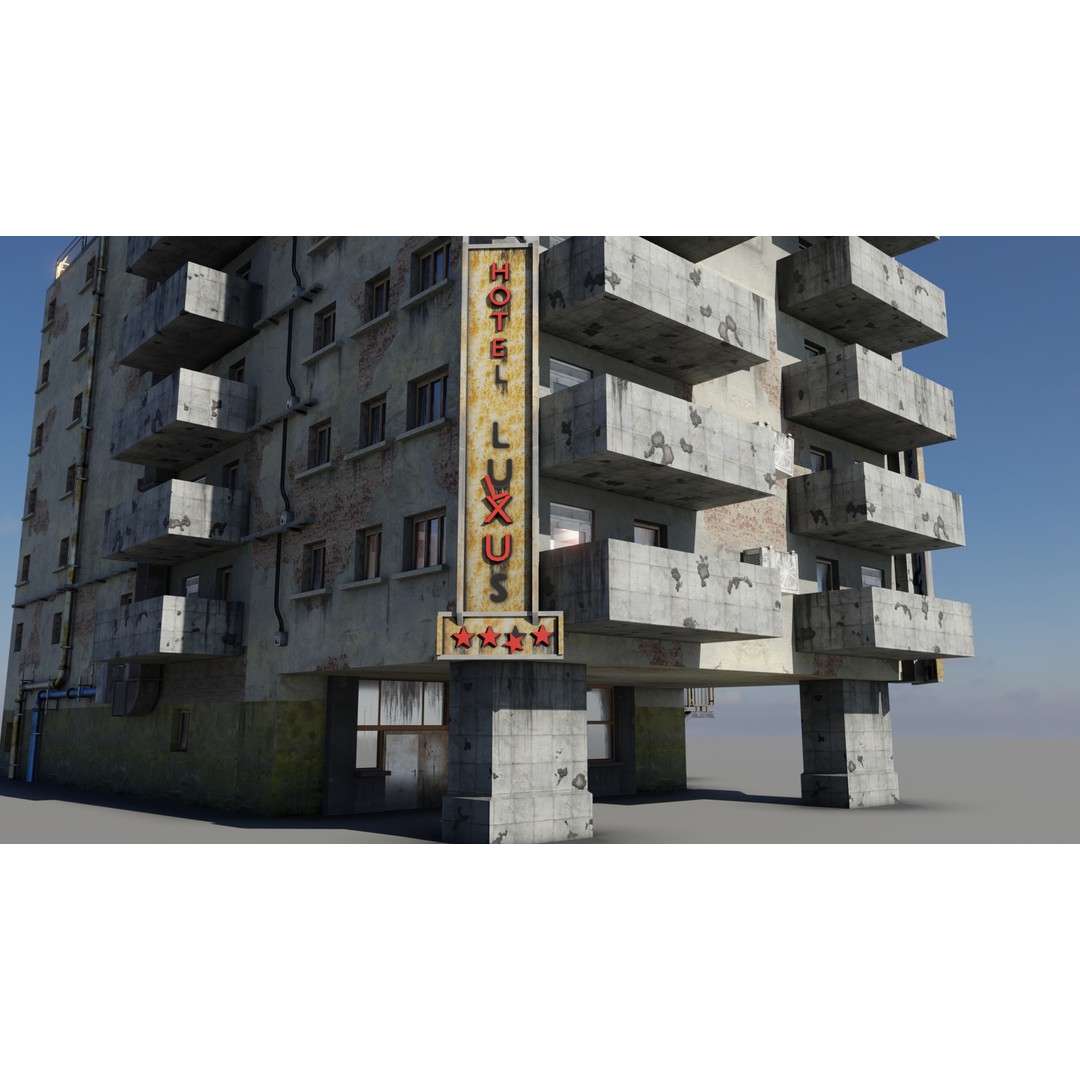Old Neglected Hotel 3D Model – Low Poly Architectural Asset, FBX, Blender - View 8