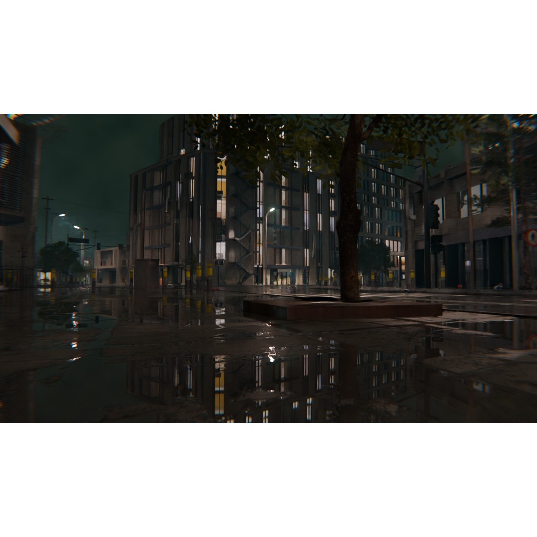 Rainy Night City Scene 3D Model – Hyper-Realistic Urban Environment, Blender - View 12
