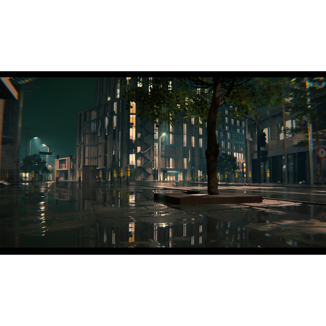 Rainy Night City Scene 3D Model – Hyper-Realistic Urban Environment, Blender - View 3