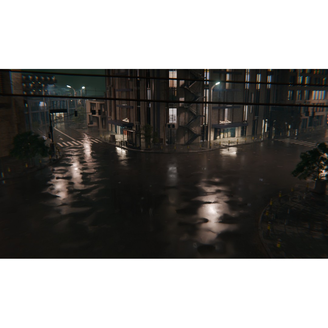 Rainy Night City Scene 3D Model – Hyper-Realistic Urban Environment, Blender - View 7