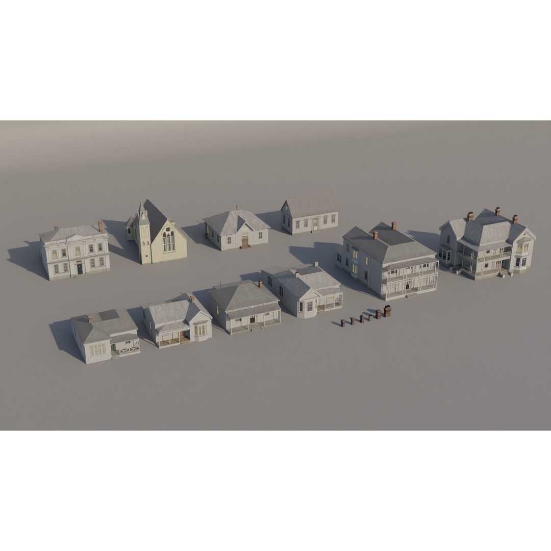 Victorian Houses 3D Model – Low Poly Architectural Pack, FBX - View 3