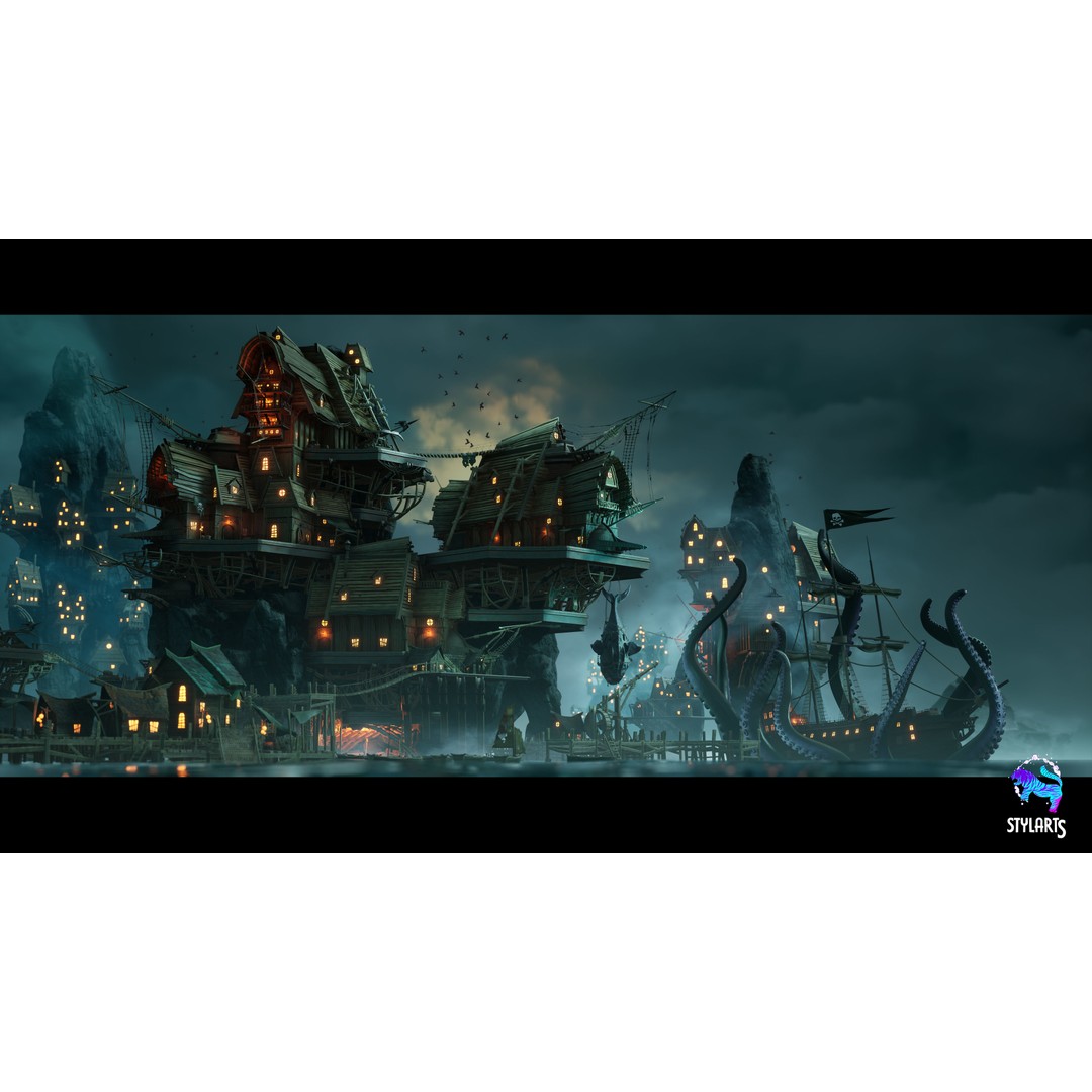 Stylized Pirate Port City 3D Model – Low Poly Game Asset, FBX, PBR - View 4
