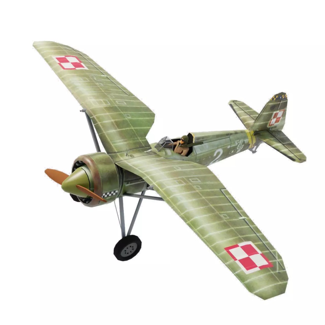 PZL P.11 3D Model – Low Poly Historic Fighter Aircraft, FBX - View 2