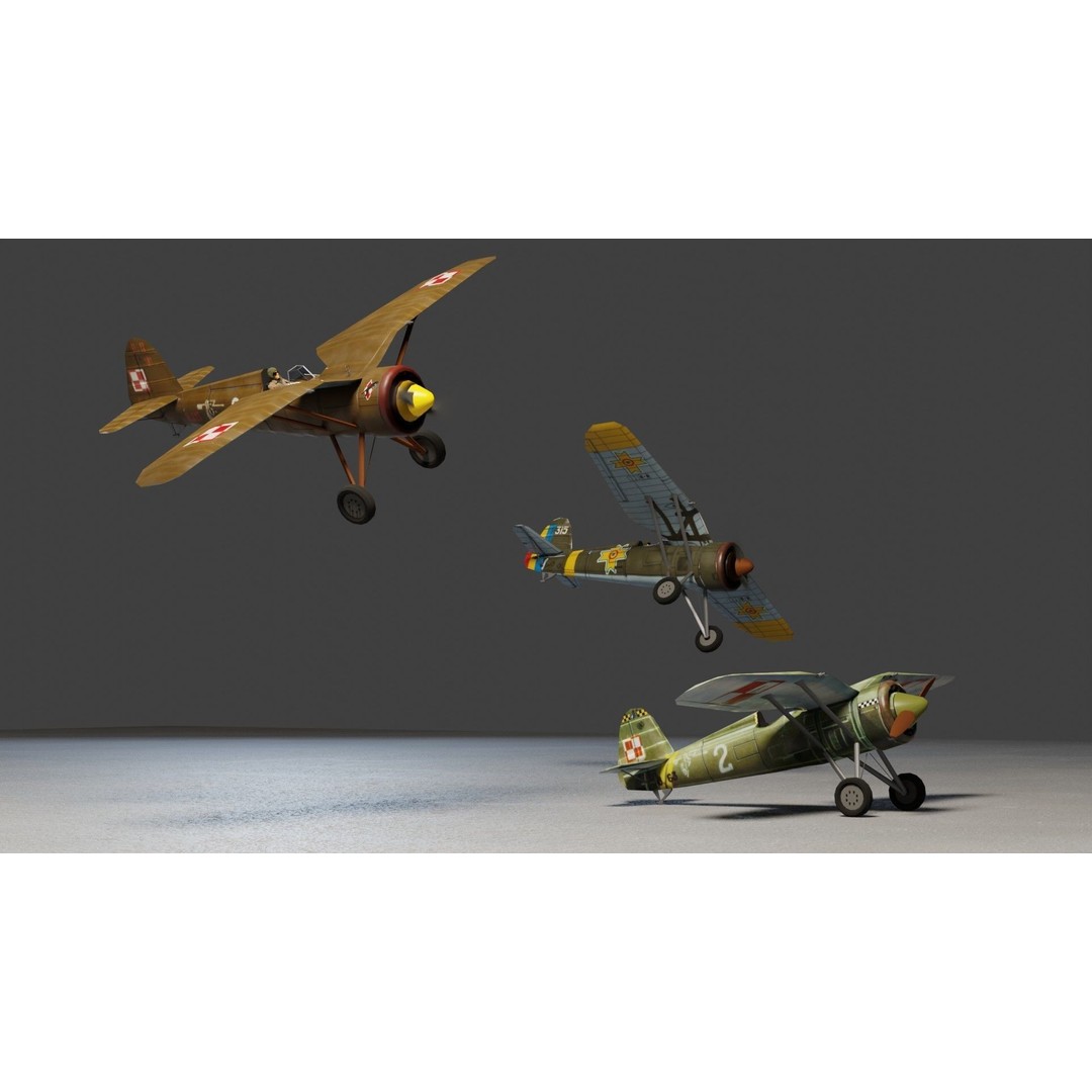 PZL P.11 3D Model – Low Poly Historic Fighter Aircraft, FBX - View 6