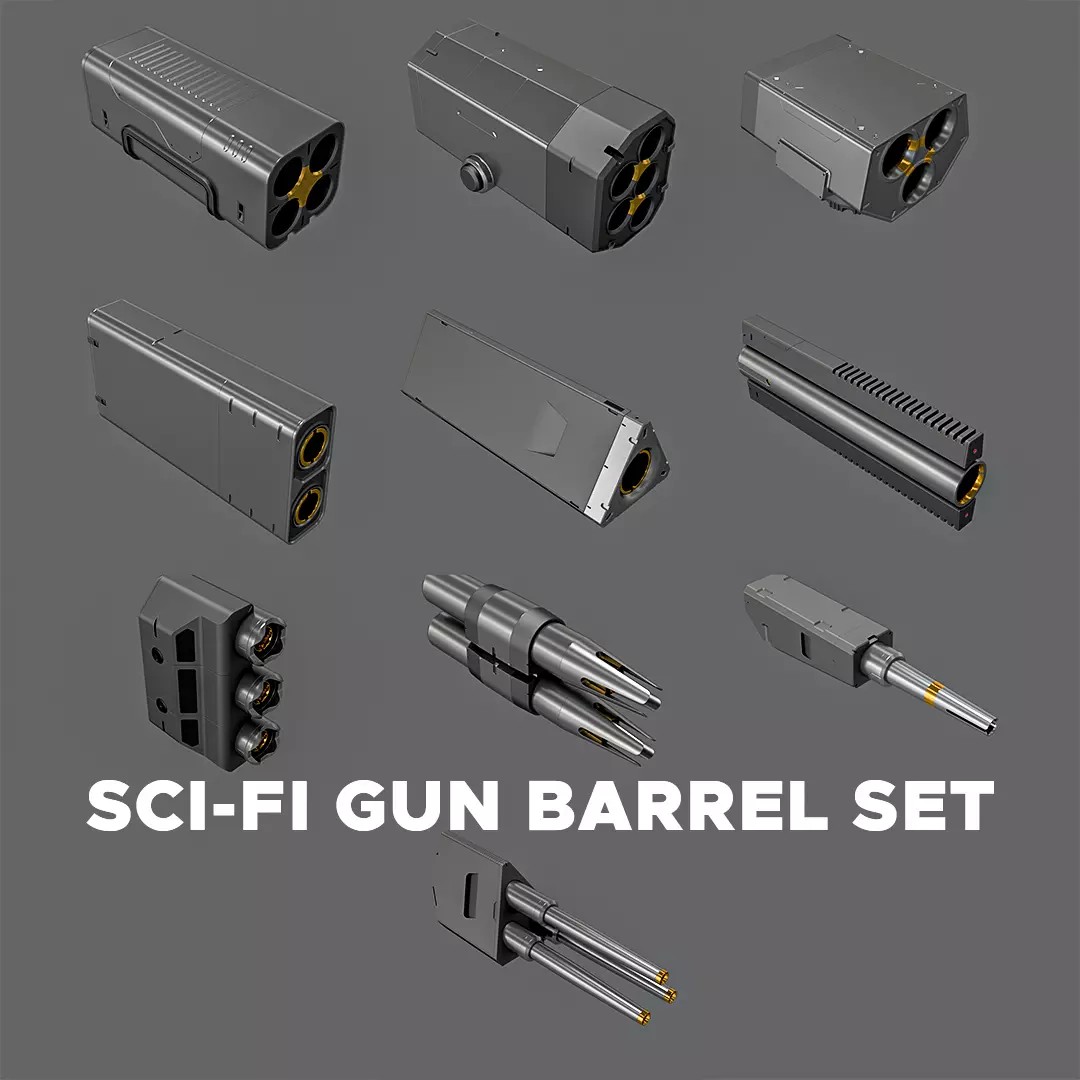 Sci-Fi Gun Barrel Set 3D Model – Futuristic Weapon Kit, FBX & OBJ - View 2