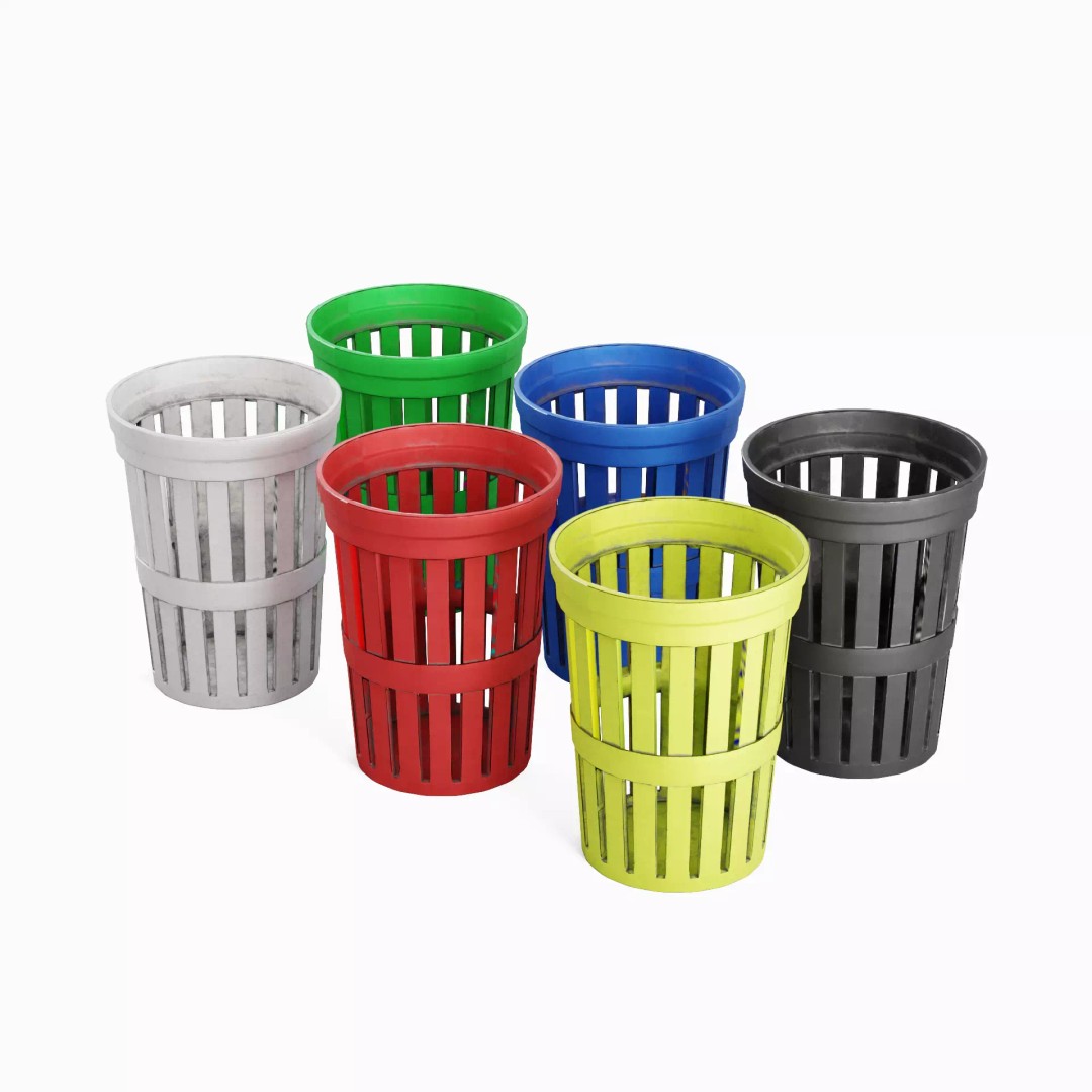 Street Trash Can Set 3D Model – Low Poly Game Asset, FBX, PBR - View 2