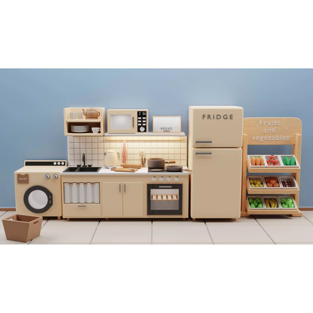 Wooden Kitchen 3D Model – Kids Toy Design, Blender, FBX, OBJ - View 2