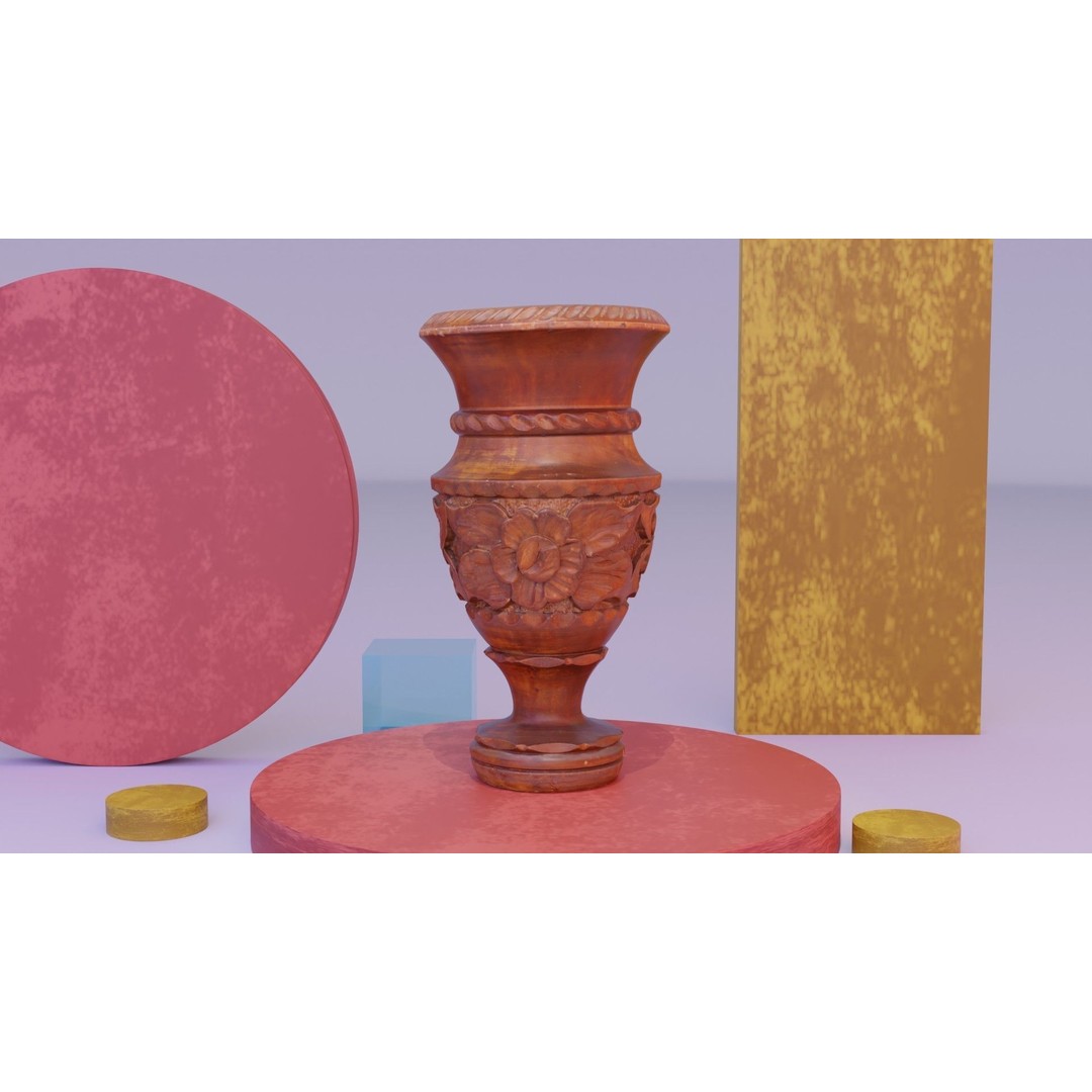 Wood Vase 3D Model – High Poly Handmade Decoration, FBX, OBJ - View 3