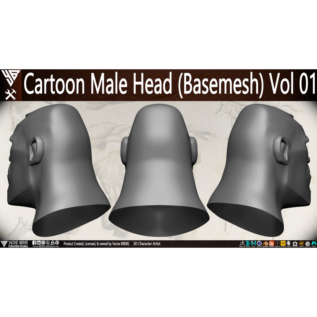 Cartoon Male Head 3D Model – Low Poly Character Basemesh, OBJ & STL - View 10
