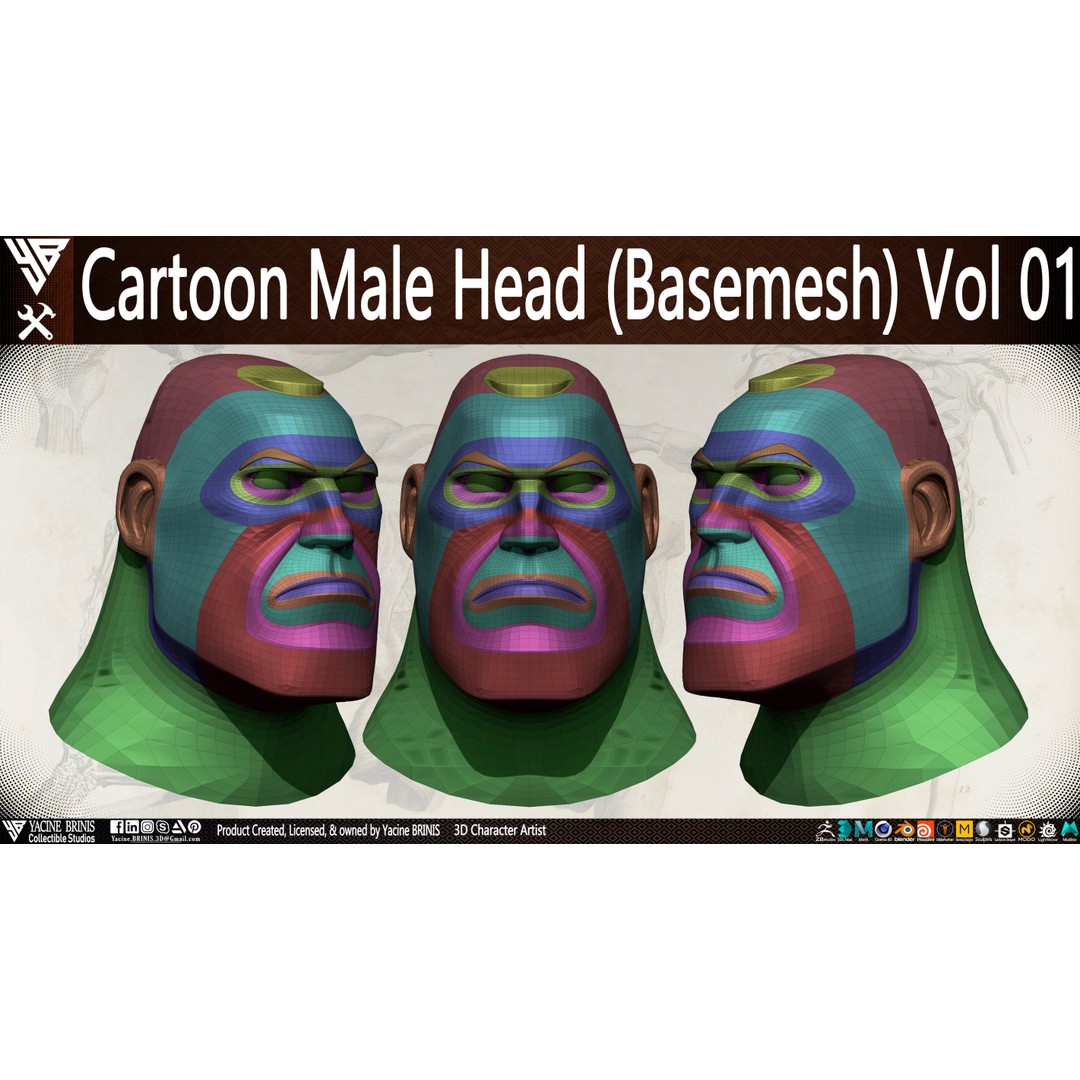 Cartoon Male Head 3D Model – Low Poly Character Basemesh, OBJ & STL - View 11