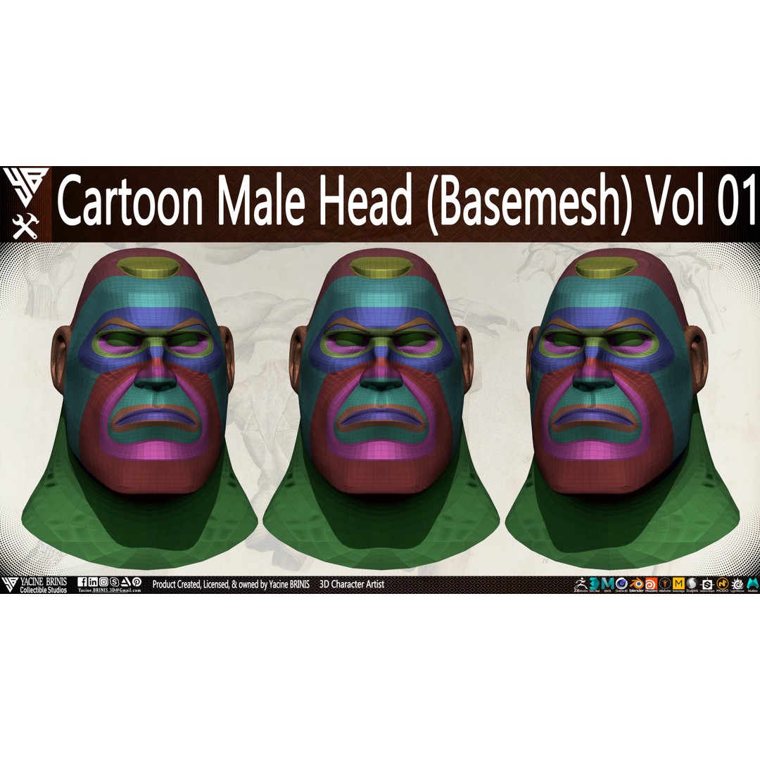 Cartoon Male Head 3D Model – Low Poly Character Basemesh, OBJ & STL - View 12