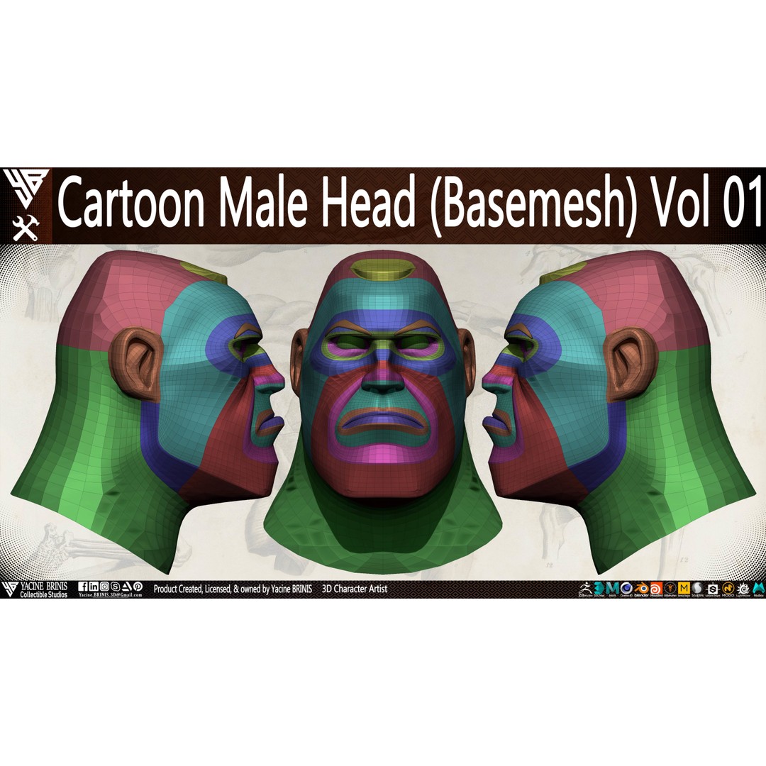Cartoon Male Head 3D Model – Low Poly Character Basemesh, OBJ & STL - View 13