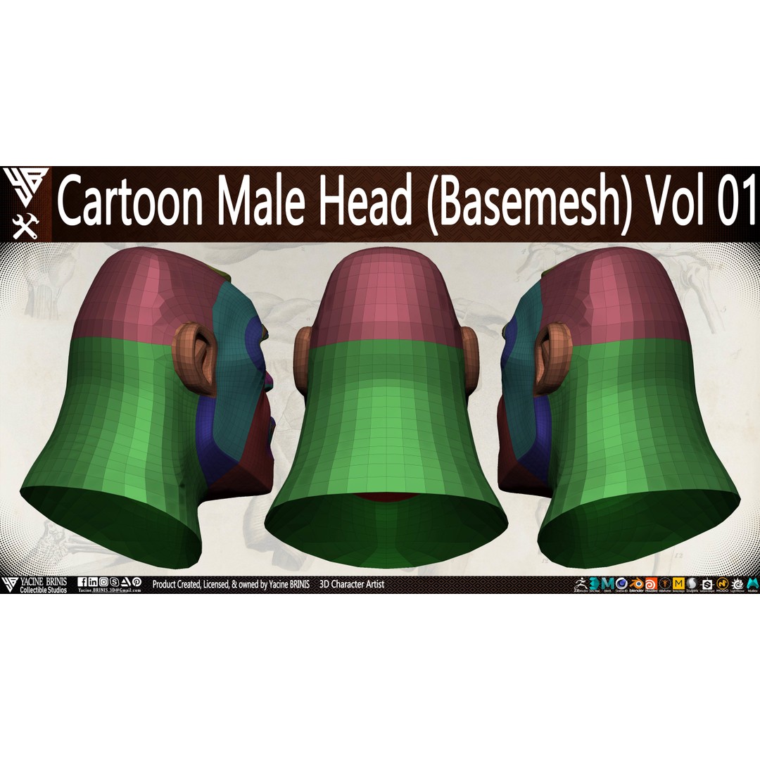 Cartoon Male Head 3D Model – Low Poly Character Basemesh, OBJ & STL - View 14