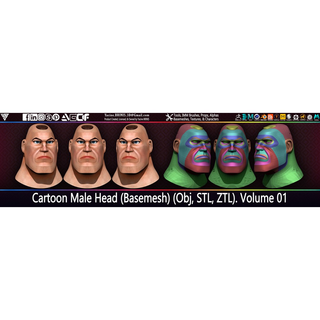 Cartoon Male Head 3D Model – Low Poly Character Basemesh, OBJ & STL - View 17