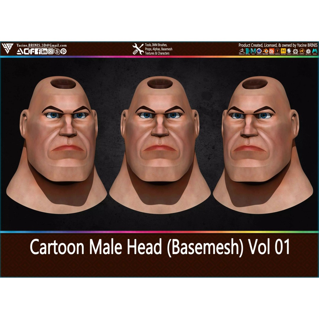 Cartoon Male Head 3D Model – Low Poly Character Basemesh, OBJ & STL - View 2