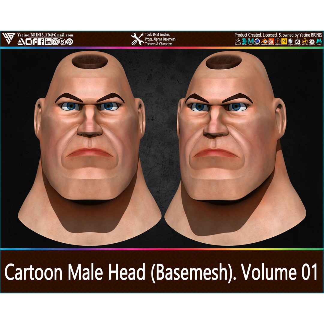 Cartoon Male Head 3D Model – Low Poly Character Basemesh, OBJ & STL - View 23