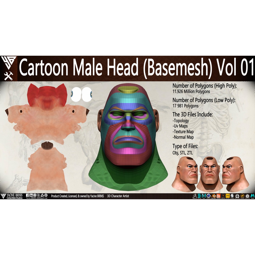 Cartoon Male Head 3D Model – Low Poly Character Basemesh, OBJ & STL - View 27