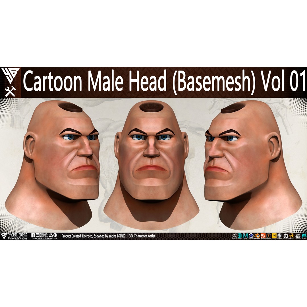 Cartoon Male Head 3D Model – Low Poly Character Basemesh, OBJ & STL - View 3