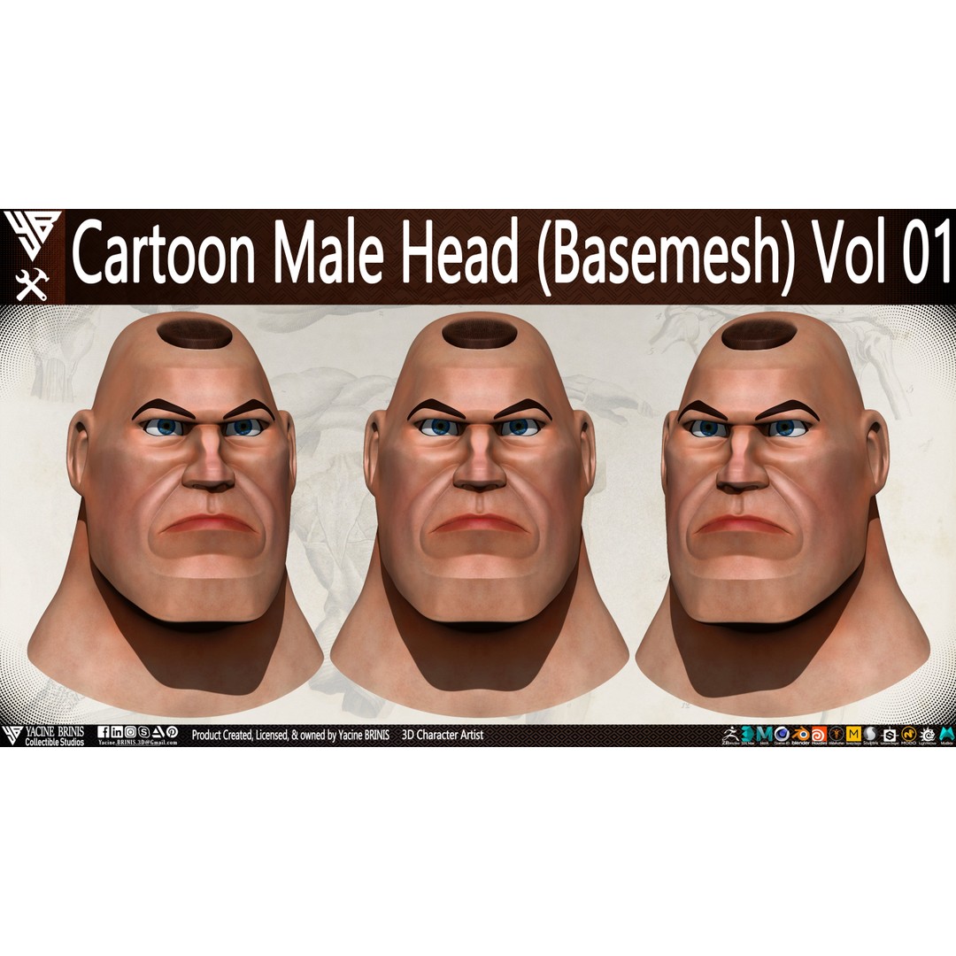 Cartoon Male Head 3D Model – Low Poly Character Basemesh, OBJ & STL - View 4