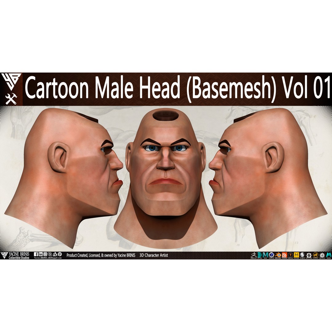 Cartoon Male Head 3D Model – Low Poly Character Basemesh, OBJ & STL - View 5