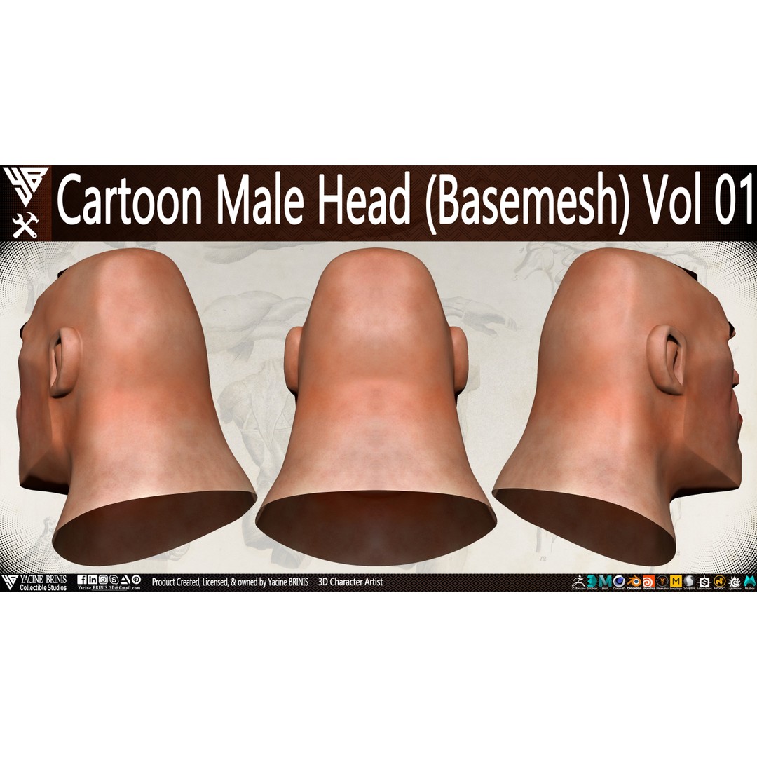 Cartoon Male Head 3D Model – Low Poly Character Basemesh, OBJ & STL - View 6