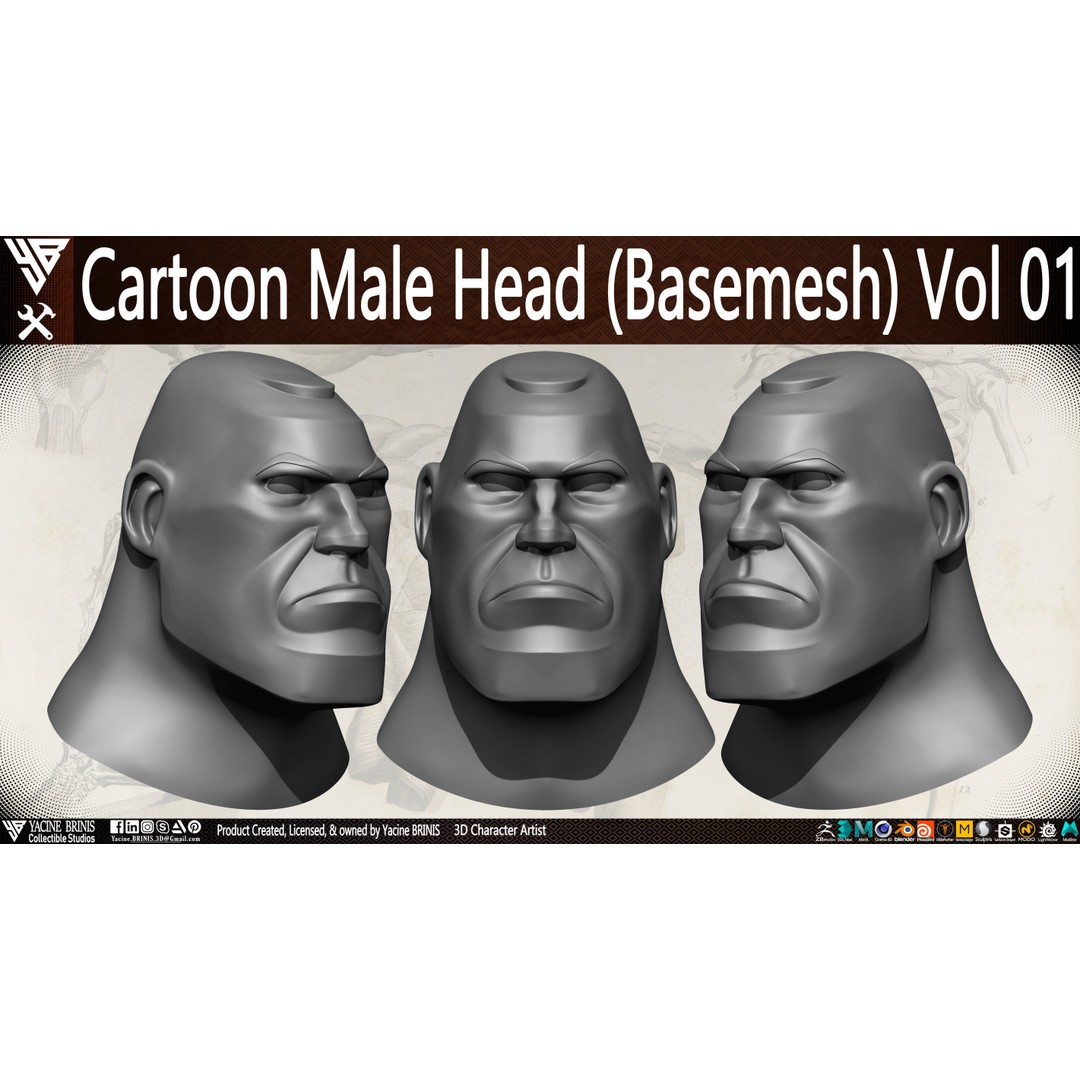 Cartoon Male Head 3D Model – Low Poly Character Basemesh, OBJ & STL - View 7
