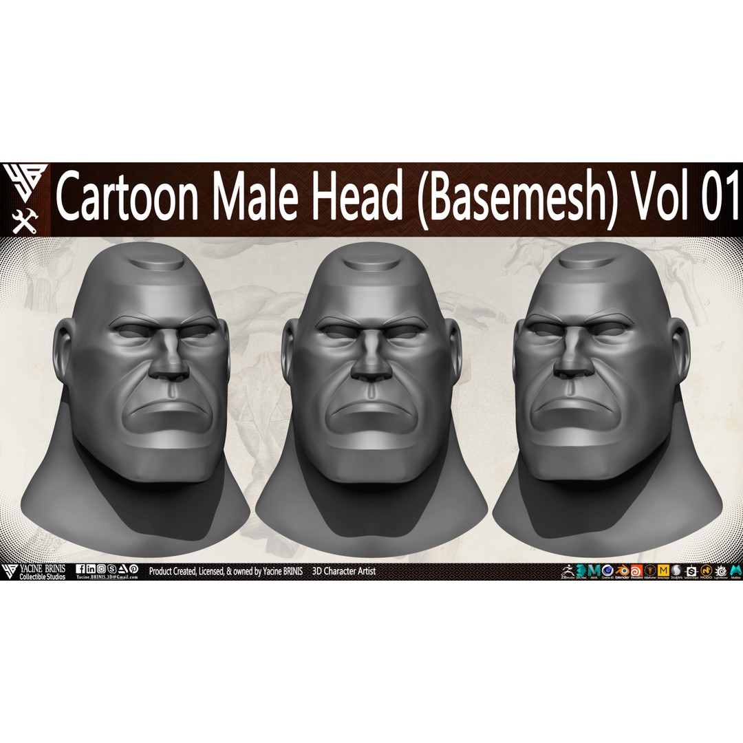 Cartoon Male Head 3D Model – Low Poly Character Basemesh, OBJ & STL - View 8