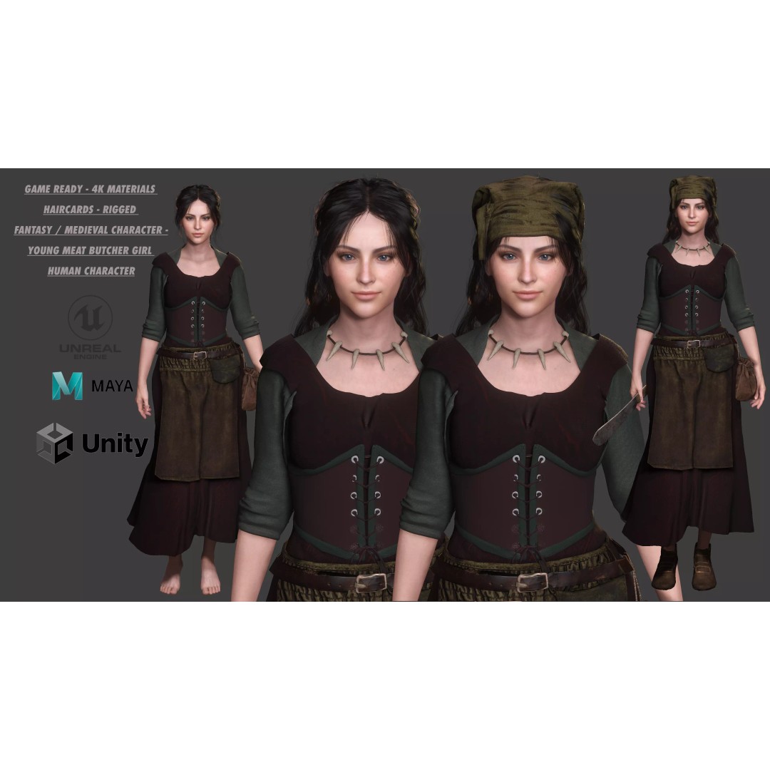 Young Meat Butcher Girl 3D Model – Low-Poly Rigged Character, FBX - View 2