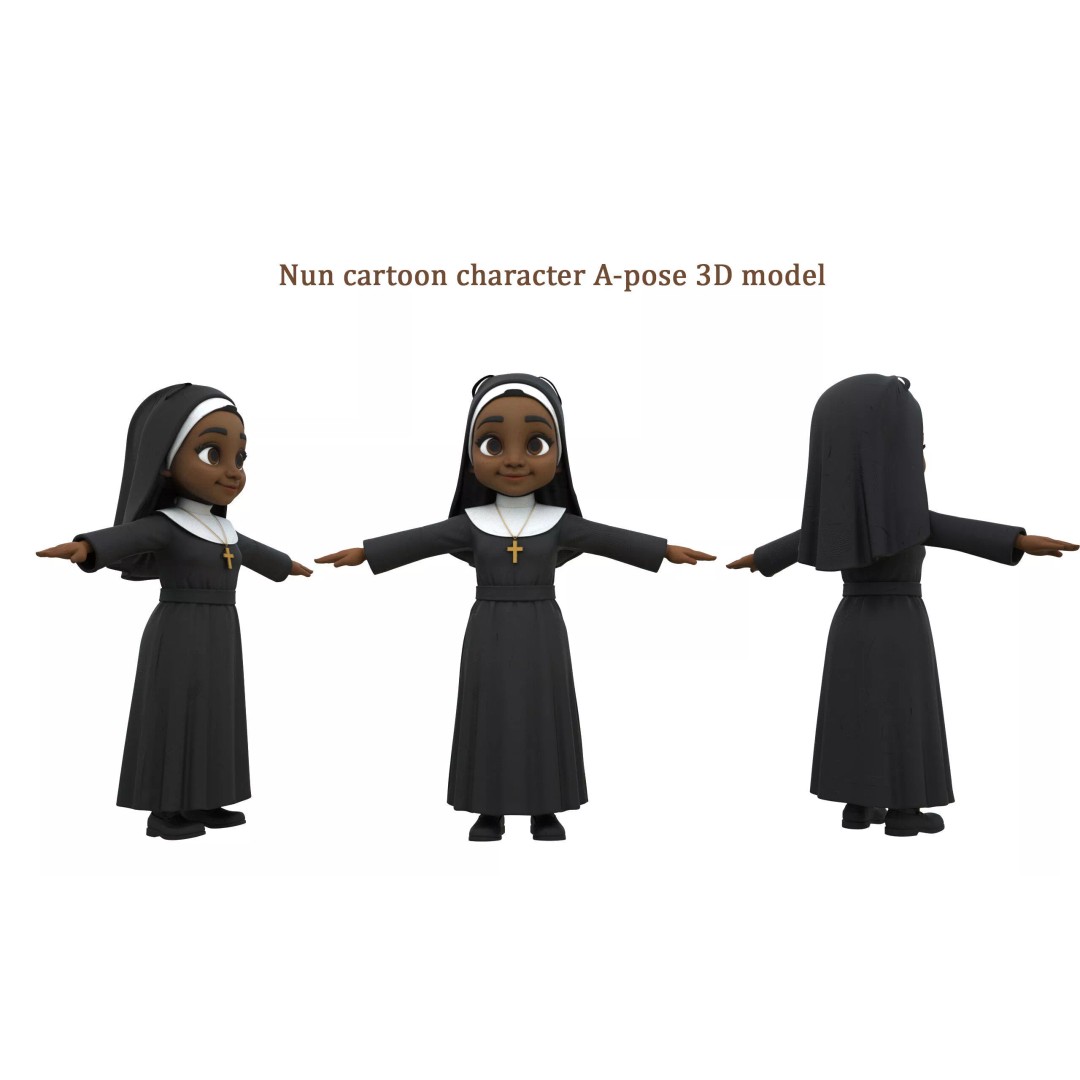Nun 3D Model – Low Poly Cartoon Character, FBX, Game Ready - View 2