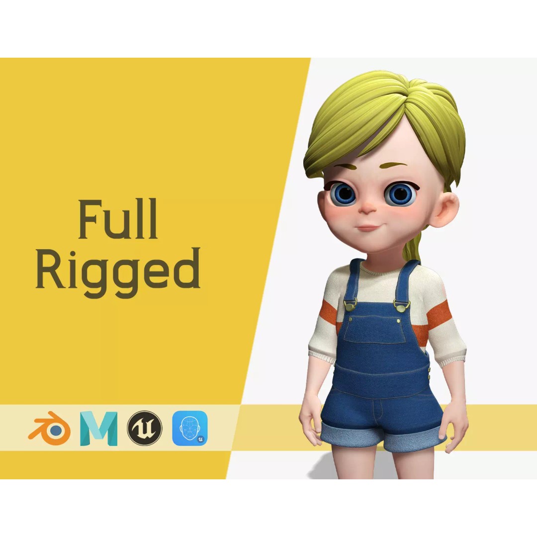 Sister Cartoon Girl 3D Model – Rigged Low-Poly Character for Animation - View 2