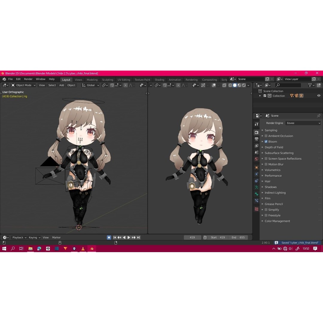 Cyber Chibi 3D Model – Low Poly Rigged Character for Animation - View 3