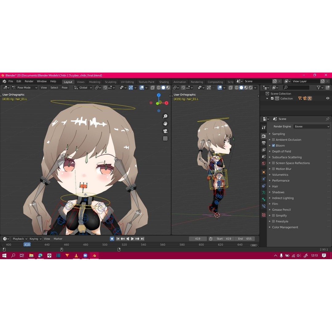 Cyber Chibi 3D Model – Low Poly Rigged Character for Animation - View 6