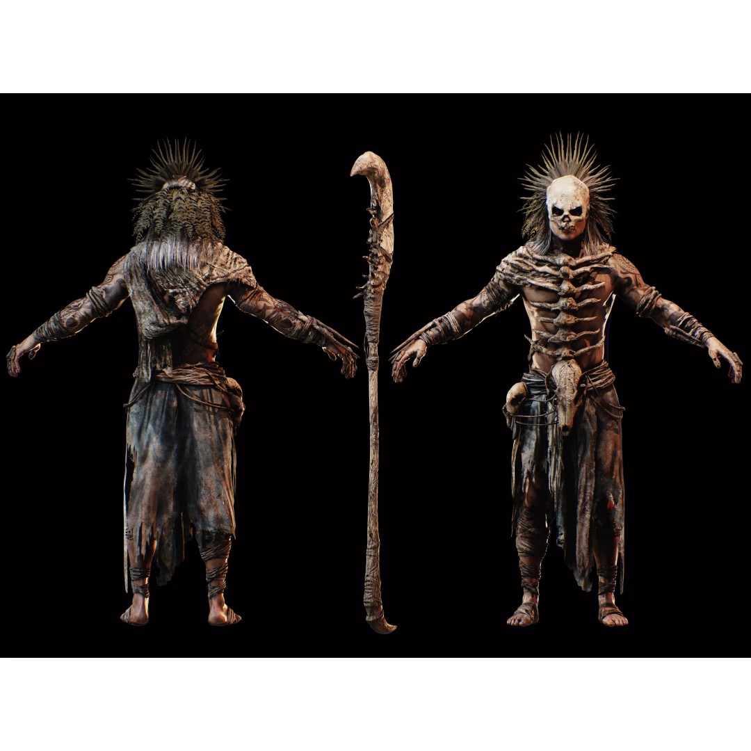 Dark Primitive Skull Warrior 3D Model – Low Poly Rigged Character, FBX - View 12
