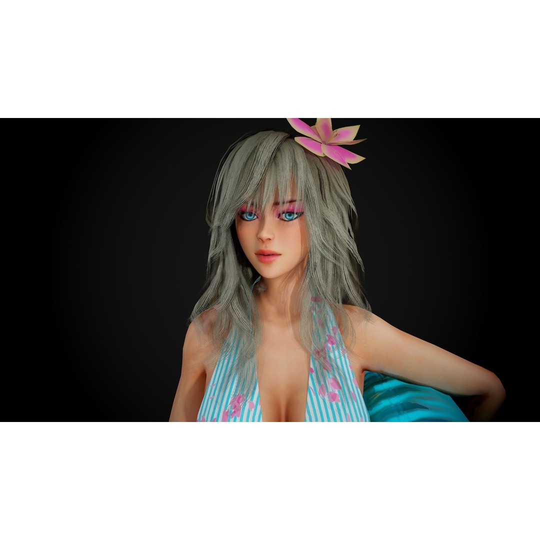 Summer Flower Beach Girl 3D Model – Low Poly Game Ready Character, FBX