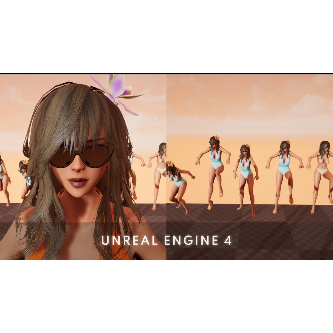Summer Flower Beach Girl 3D Model – Low Poly Game Ready Character, FBX - View 10
