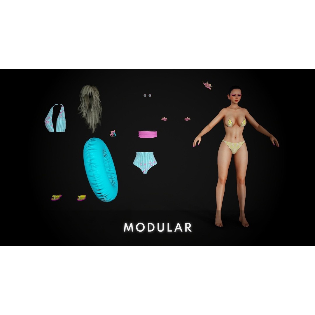 Summer Flower Beach Girl 3D Model – Low Poly Game Ready Character, FBX - View 12
