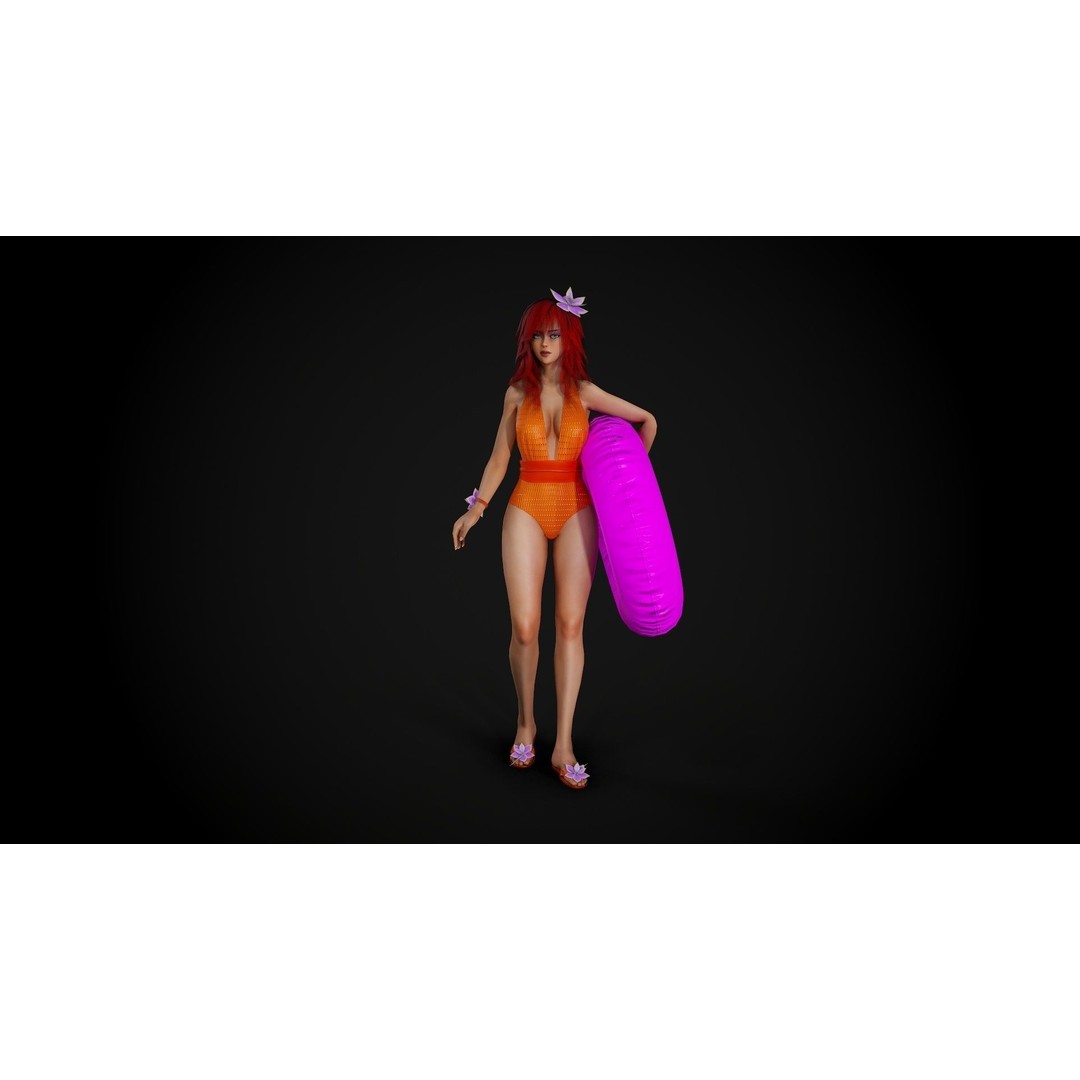 Summer Flower Beach Girl 3D Model – Low Poly Game Ready Character, FBX - View 15