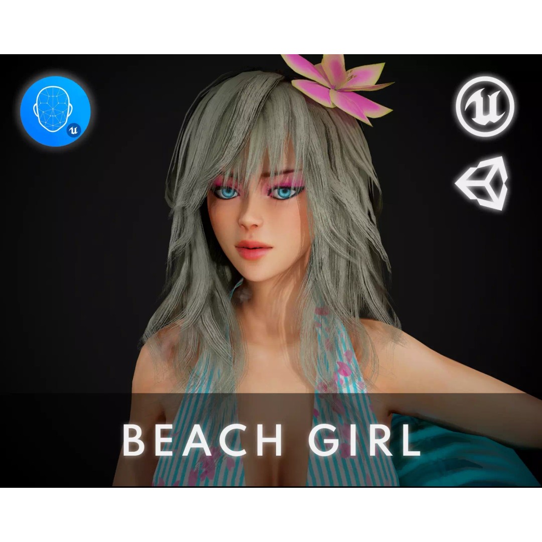Summer Flower Beach Girl 3D Model – Low Poly Game Ready Character, FBX - View 2