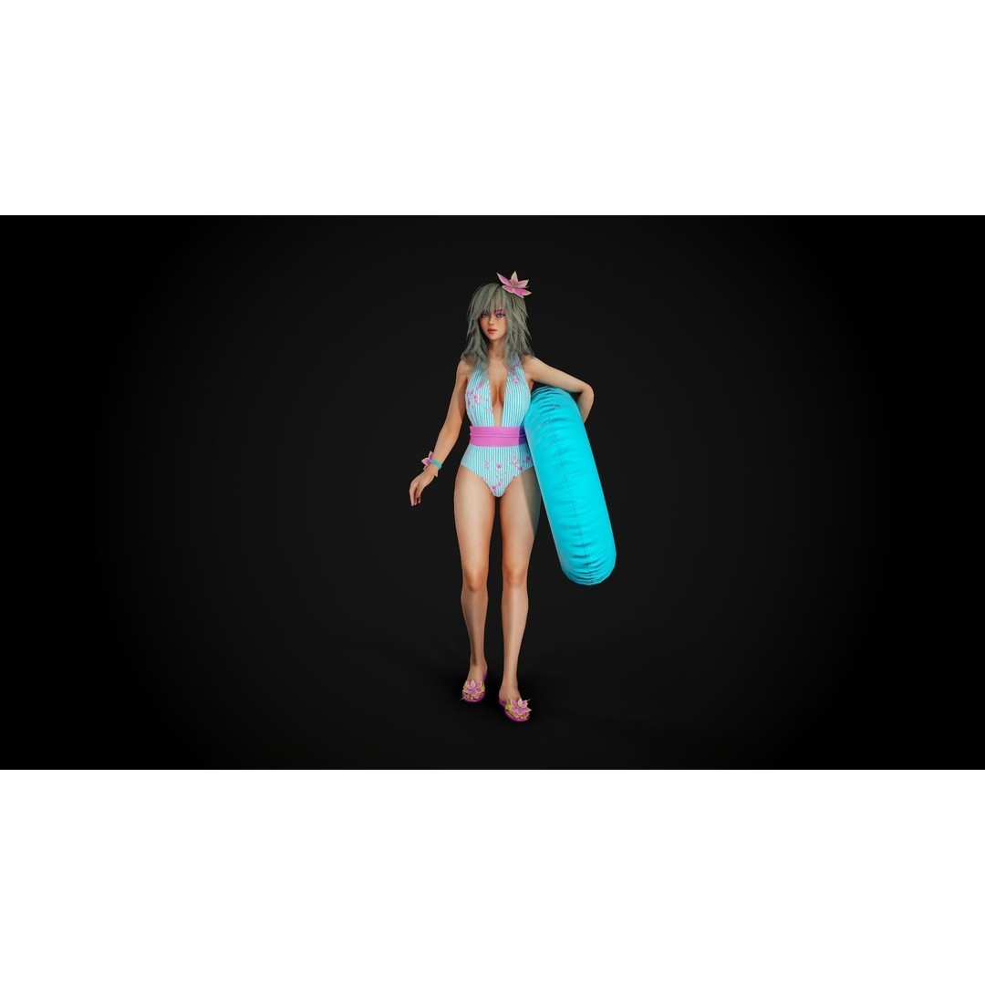 Summer Flower Beach Girl 3D Model – Low Poly Game Ready Character, FBX - View 3