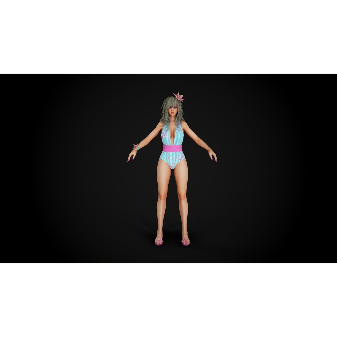 Summer Flower Beach Girl 3D Model – Low Poly Game Ready Character, FBX - View 4