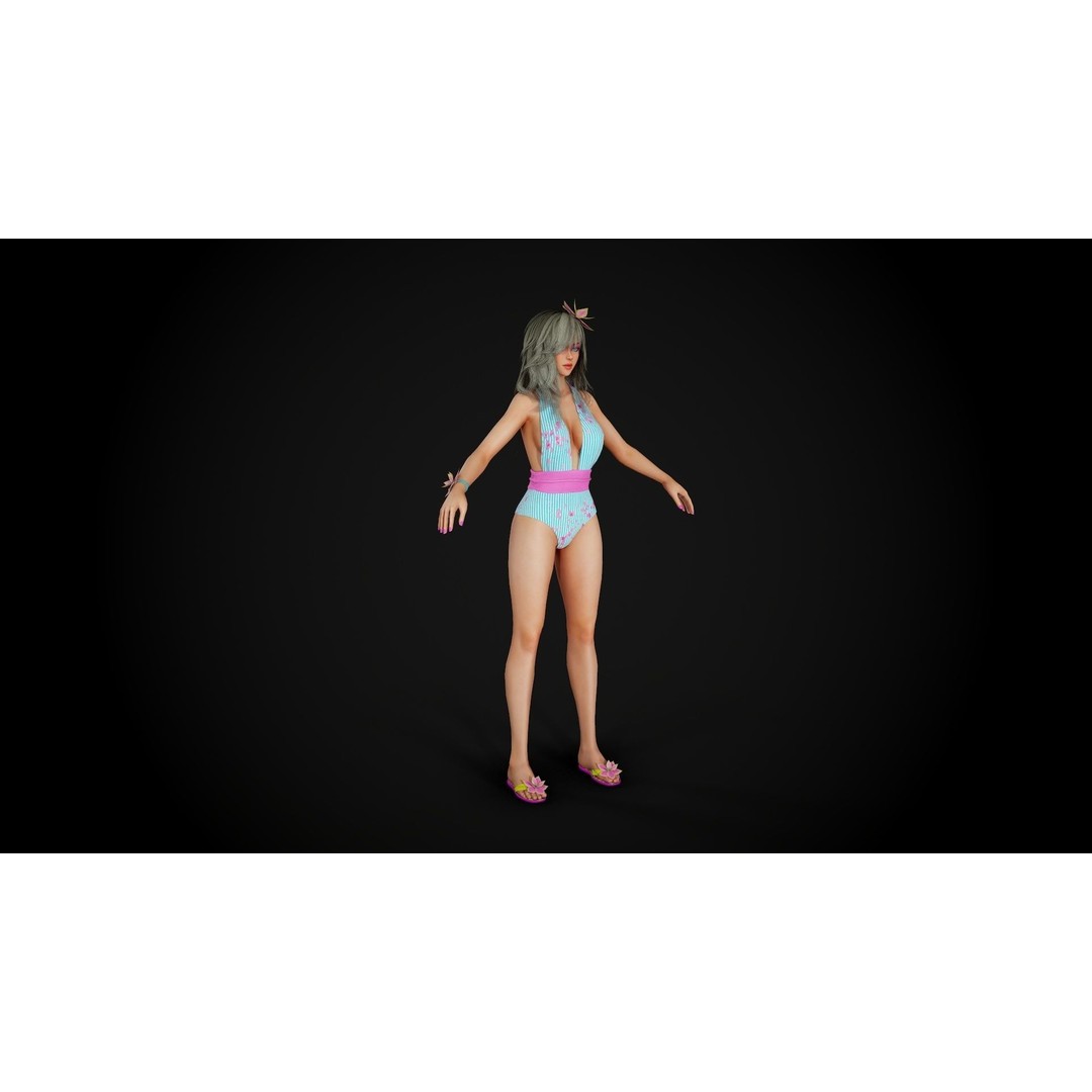 Summer Flower Beach Girl 3D Model – Low Poly Game Ready Character, FBX - View 5