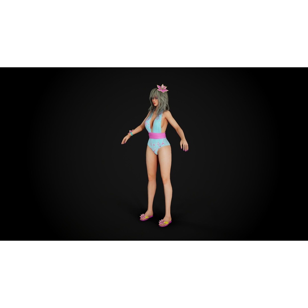 Summer Flower Beach Girl 3D Model – Low Poly Game Ready Character, FBX - View 6