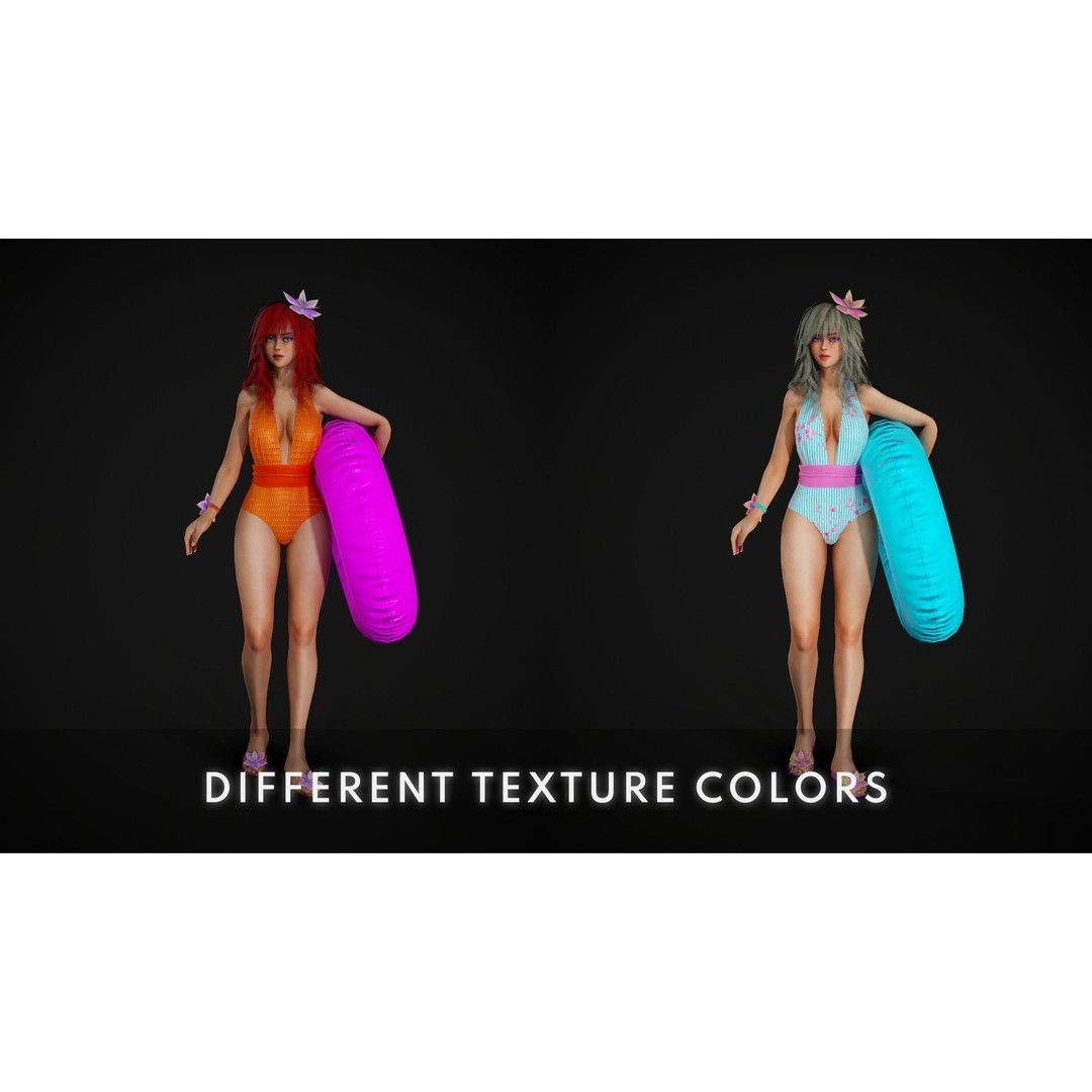 Summer Flower Beach Girl 3D Model – Low Poly Game Ready Character, FBX - View 9