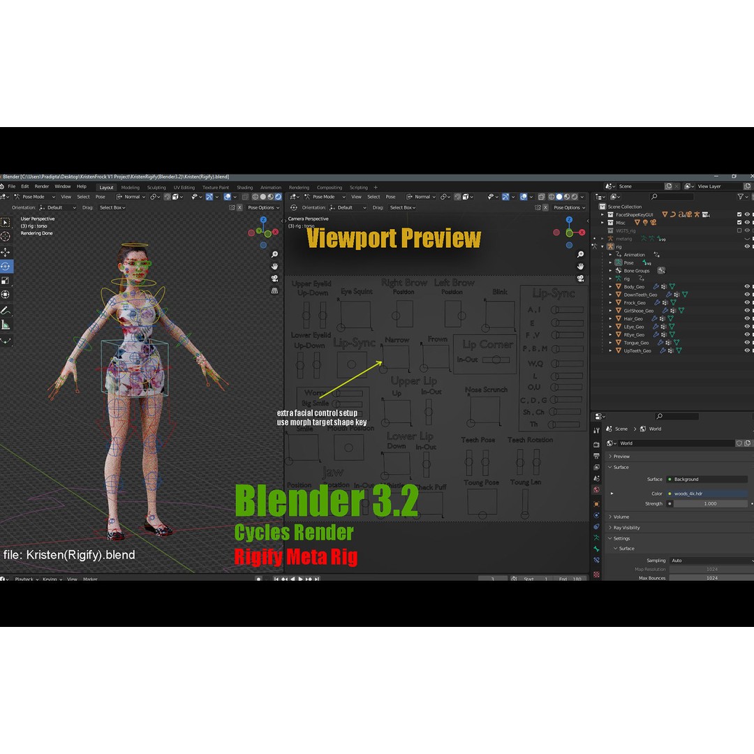Kristen Cartoon Girl 3D Model – Low Poly Rigged Character for Animation - View 20