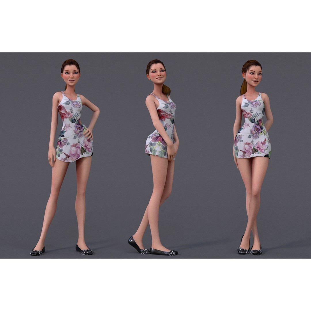 Kristen Cartoon Girl 3D Model – Low Poly Rigged Character for Animation - View 3