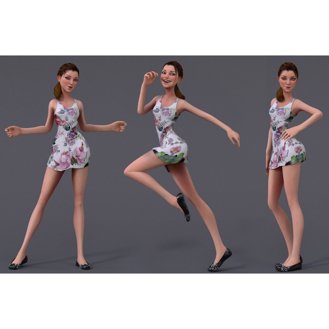 Kristen Cartoon Girl 3D Model – Low Poly Rigged Character for Animation - View 4