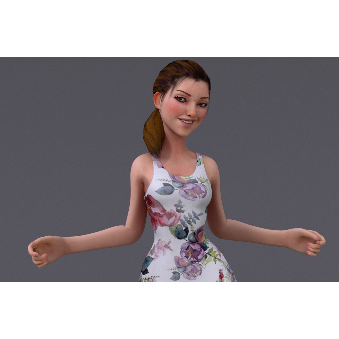 Kristen Cartoon Girl 3D Model – Low Poly Rigged Character for Animation - View 5