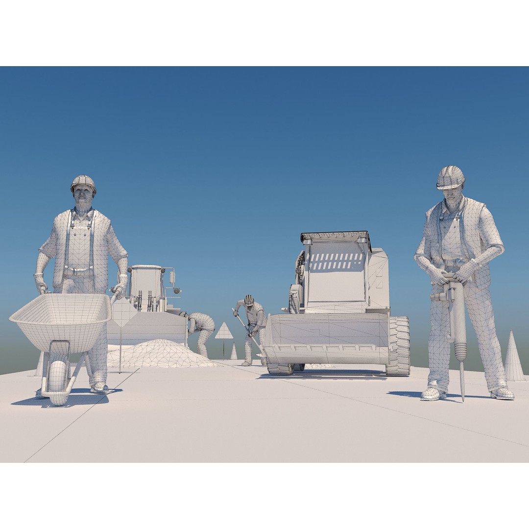 Workers with Road Machinery 3D Model – Construction Figures, FBX, OBJ