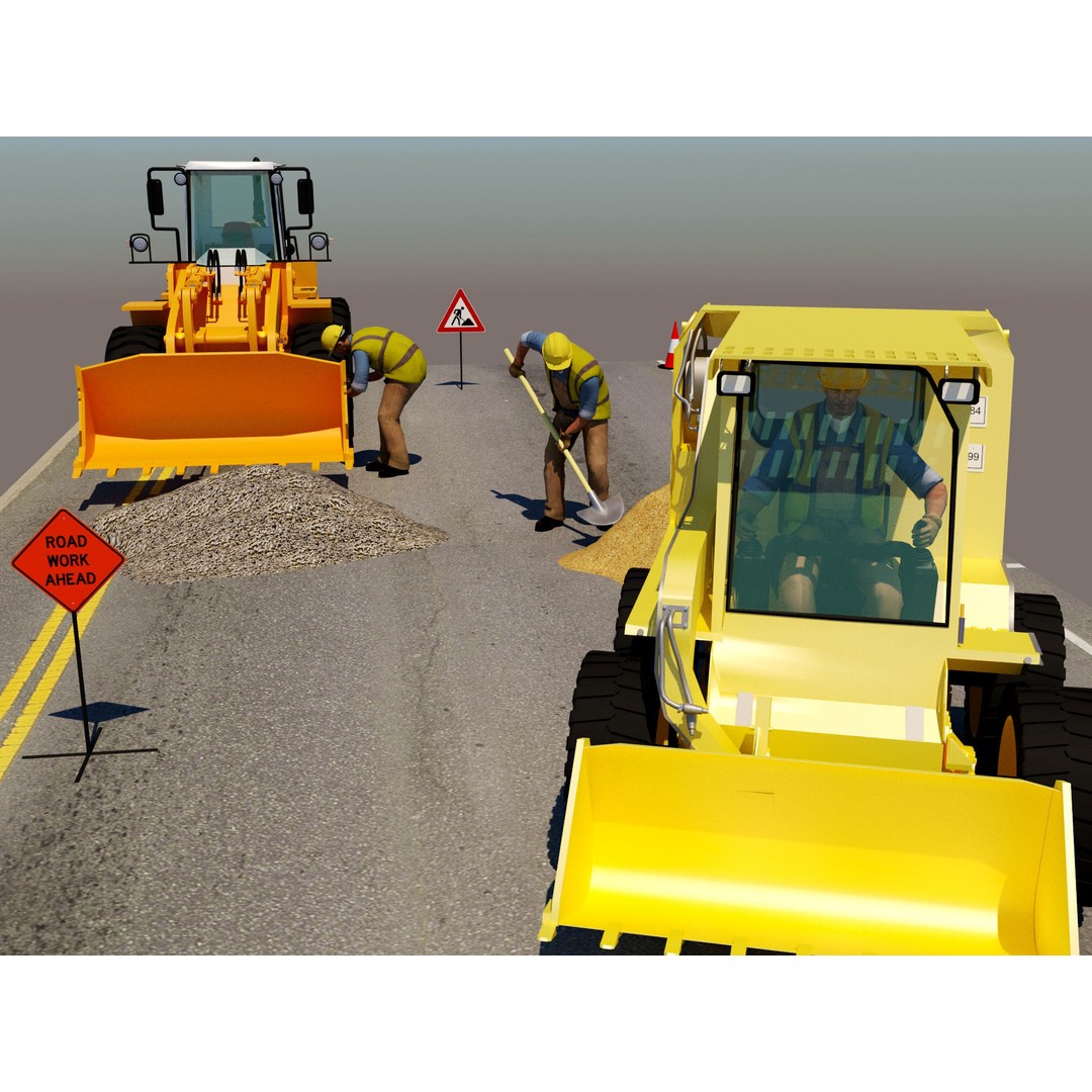 Workers with Road Machinery 3D Model – Construction Figures, FBX, OBJ - View 10